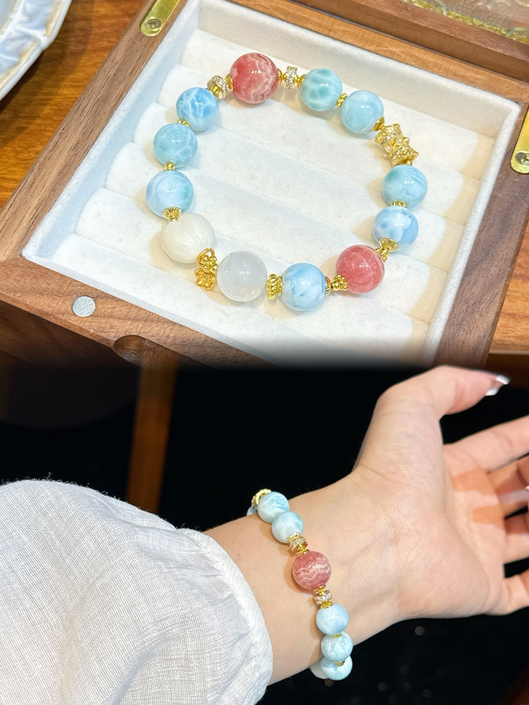Larimar and Rhodochrosite Bracelet | Tidal Serenity