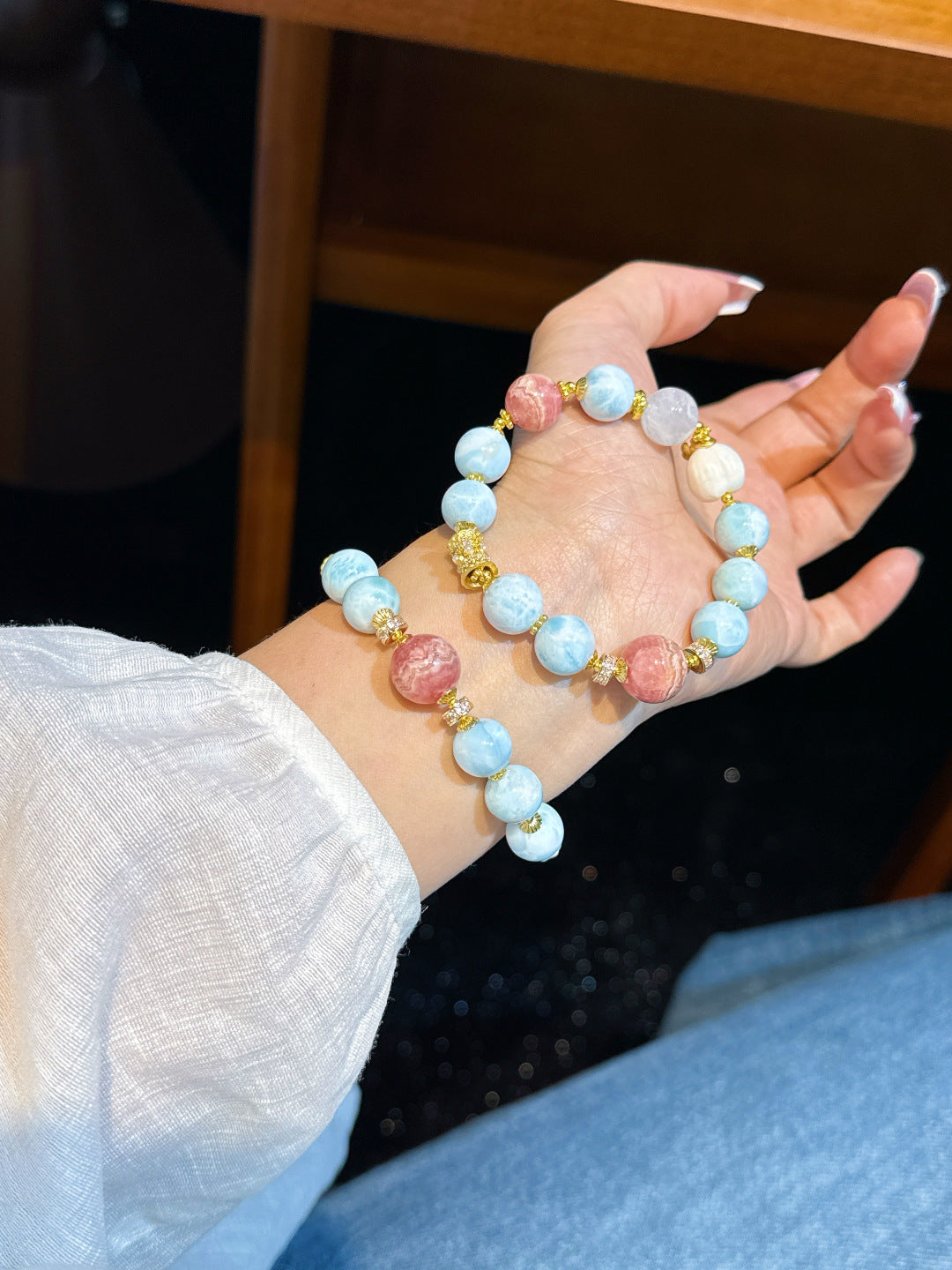 Larimar and Rhodochrosite Bracelet | Tidal Serenity