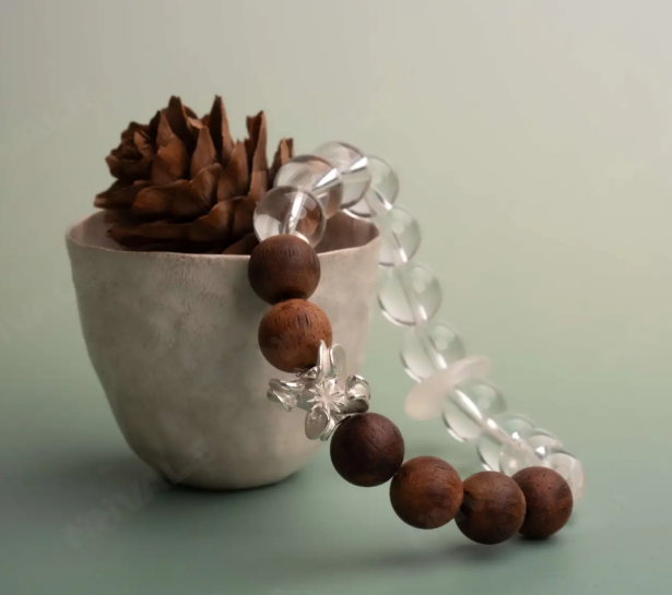Faceted Clear Quartz and Wood Bracelet | Moonroot Bloom