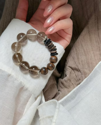 Beaded Clear Quartz and Wood Bracelet | Strata Stillness