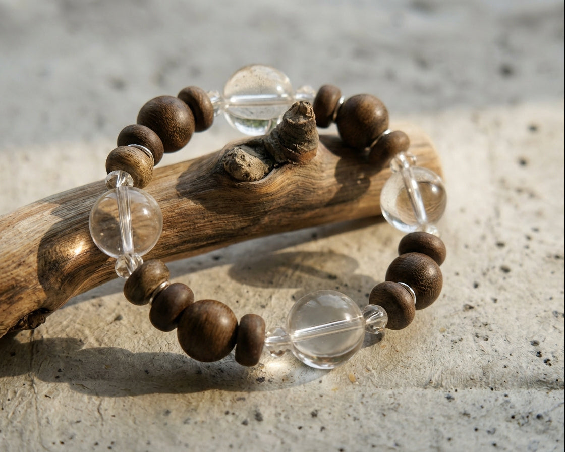 Handmade Wood and Clear Quartz Bracelet | Quiet Grain