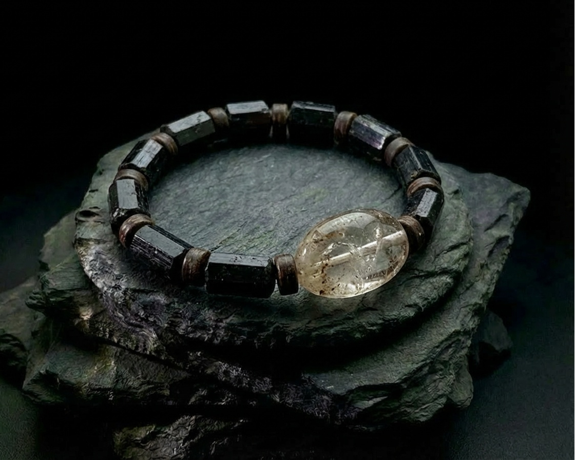 Black Tourmaline and Clear Quartz Bracelet | Buried Light
