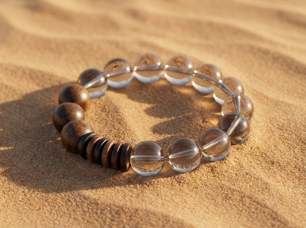 Beaded Clear Quartz and Wood Bracelet | Strata Stillness