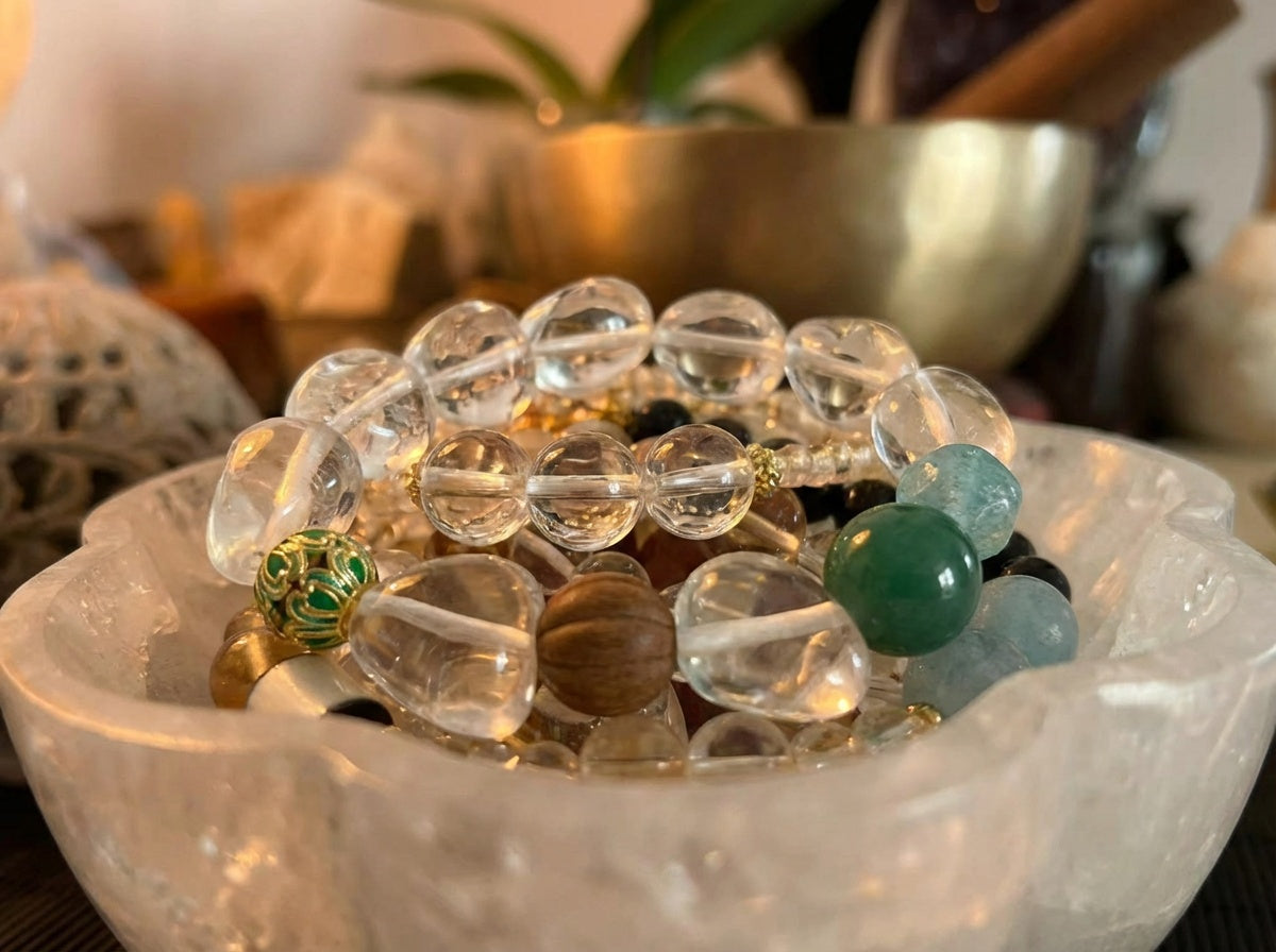 Handmade Clear Quartz Bracelet | Green Pulse
