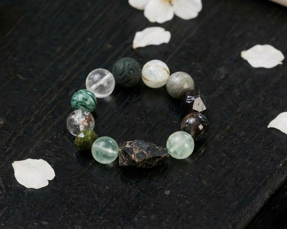 Green Fluorite and Clear Quartz Bracelet | Layered Intervals