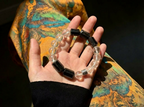 Black Tourmaline and Clear Quartz Bracelet for Grounding | Night Axis