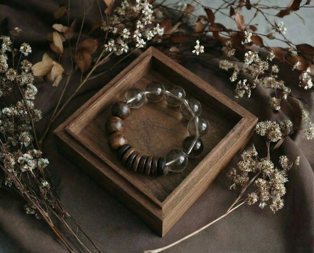Beaded Clear Quartz and Wood Bracelet | Strata Stillness