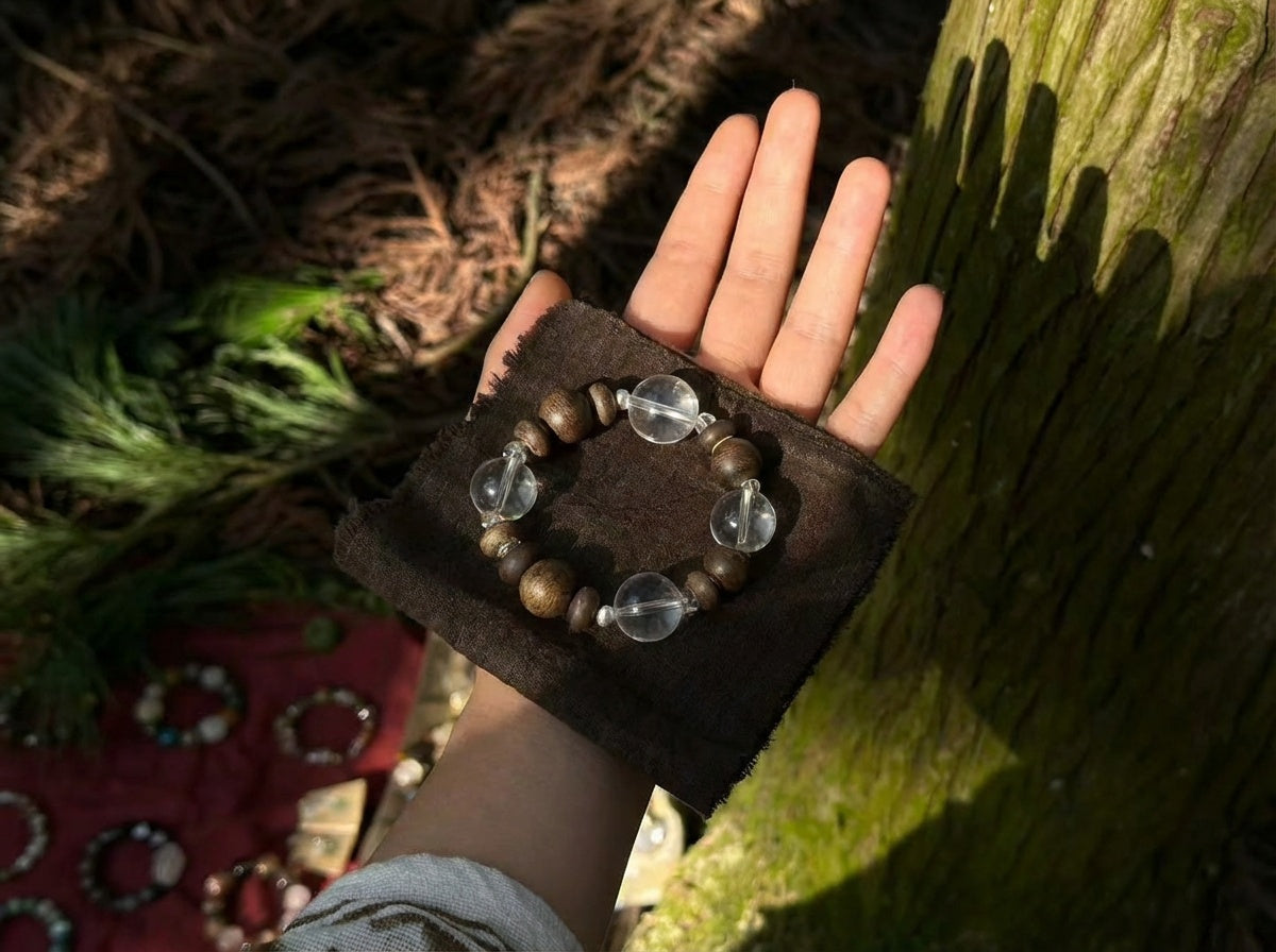 Handmade Wood and Clear Quartz Bracelet | Quiet Grain