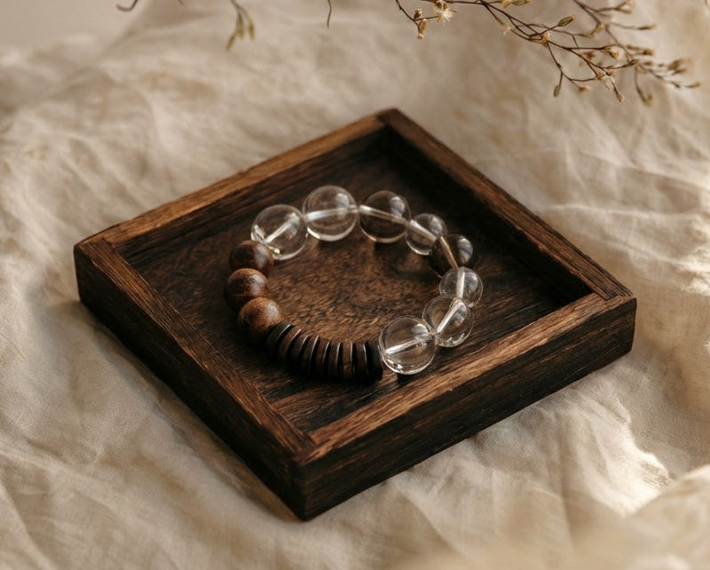 Beaded Clear Quartz and Wood Bracelet | Strata Stillness