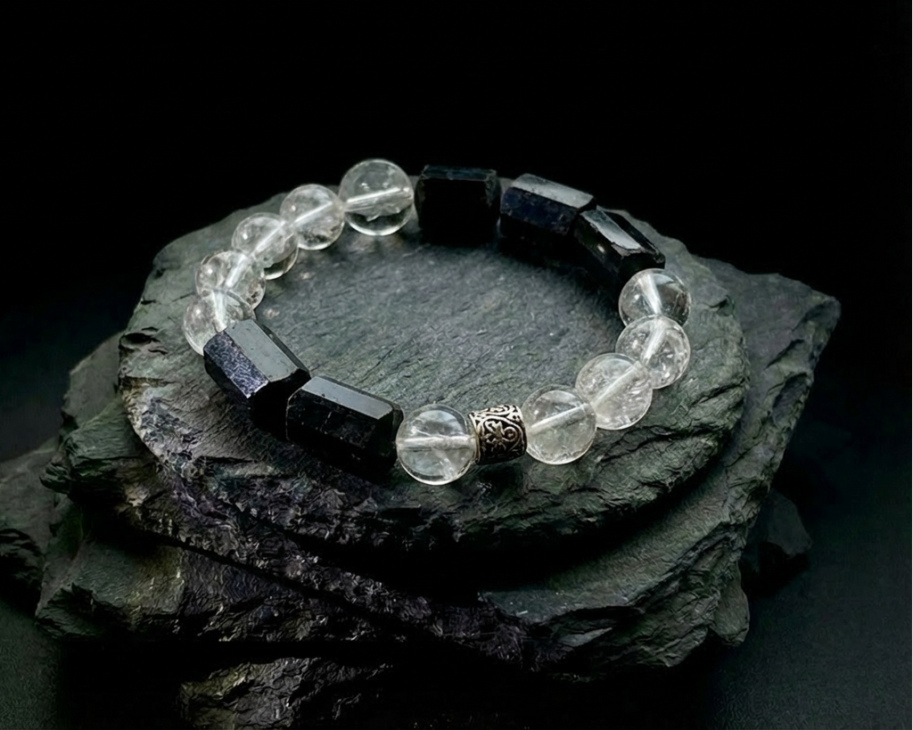 Black Tourmaline and Clear Quartz Bracelet for Grounding | Night Axis