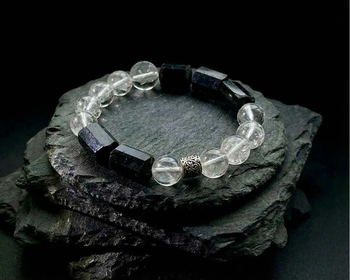 Black Tourmaline and Clear Quartz Bracelet for Grounding | Night Axis